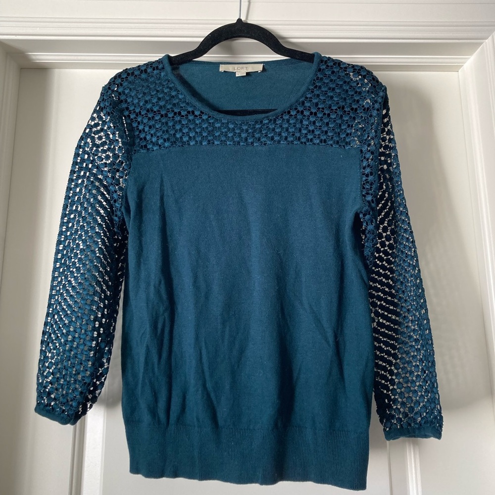 LOFT Deep Teal Sweater with Open-Knit Sleeves